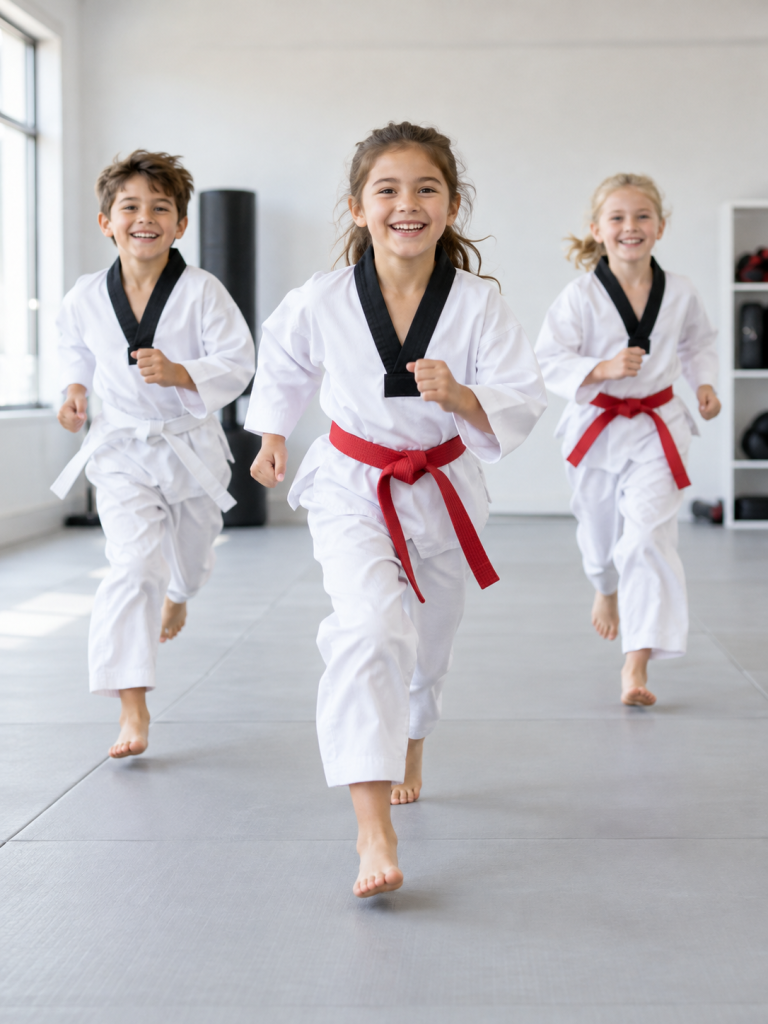 Χαρούμενα παιδιά τρέχουν με στολές taekwondo